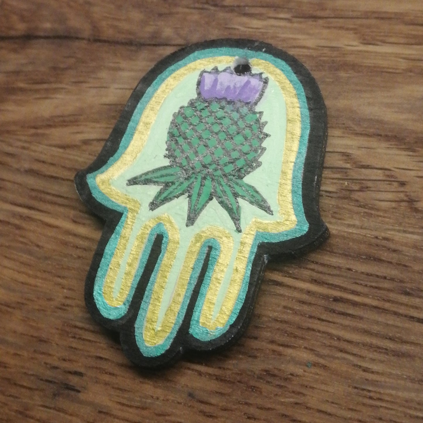 Thistle Hamsa Wooden Pendant