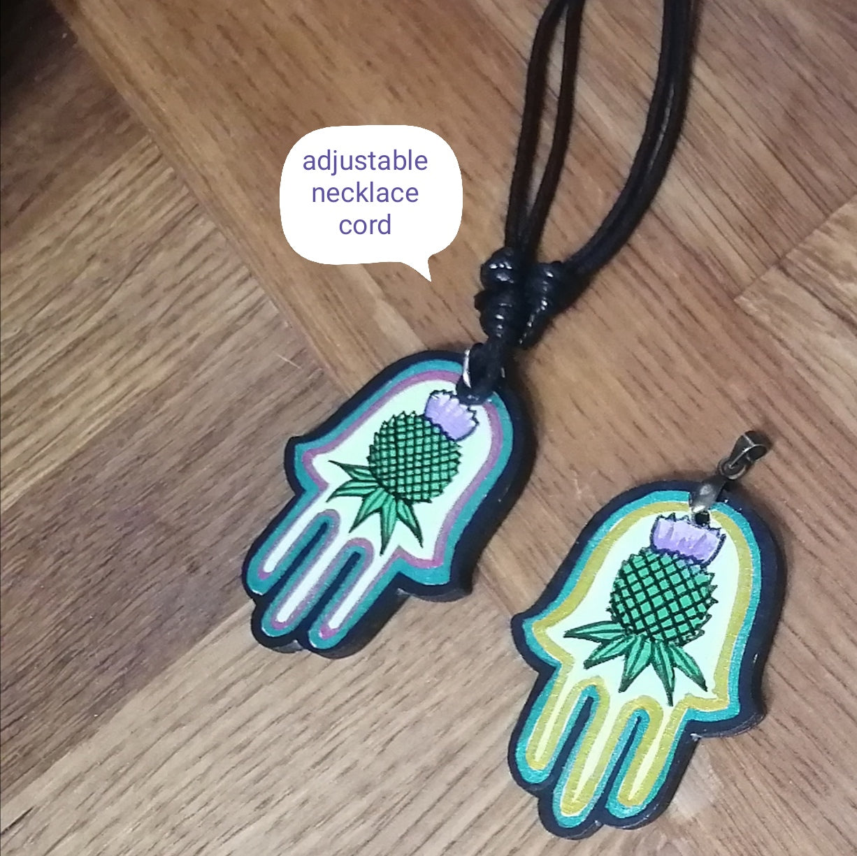Thistle Hamsa Wooden Pendant