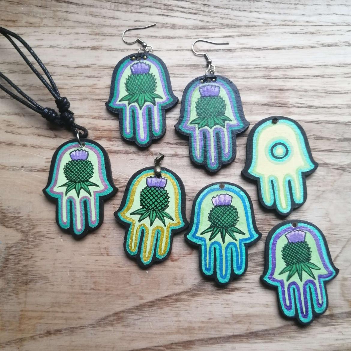 Thistle Hamsa Wooden Pendant